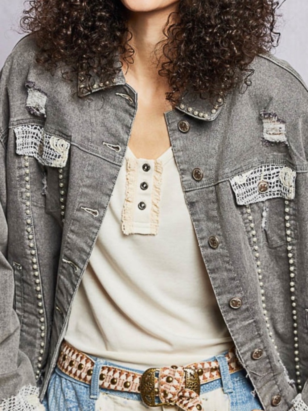 💕POL Distressed Gray Women's Denim Jacket with Pearl Accent - Picture 3 of 10